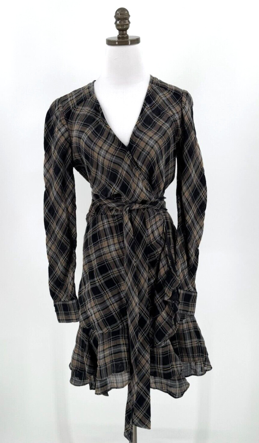 Veronica Beard Black Gold Metallic Plaid Farlow Wrap Button Cuff Dress Sz 6