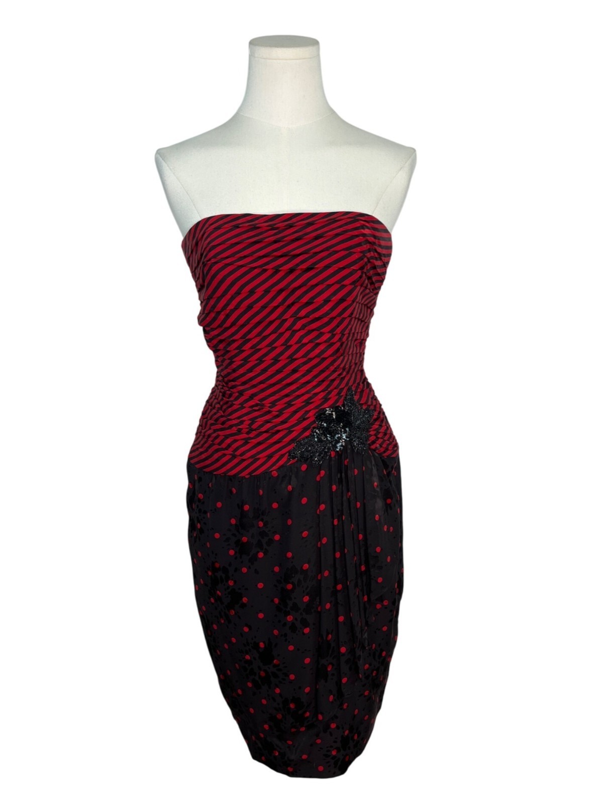 Vintage A.J. Bari Strapless Red & Black Striped Polka Dot Dress Size 4
