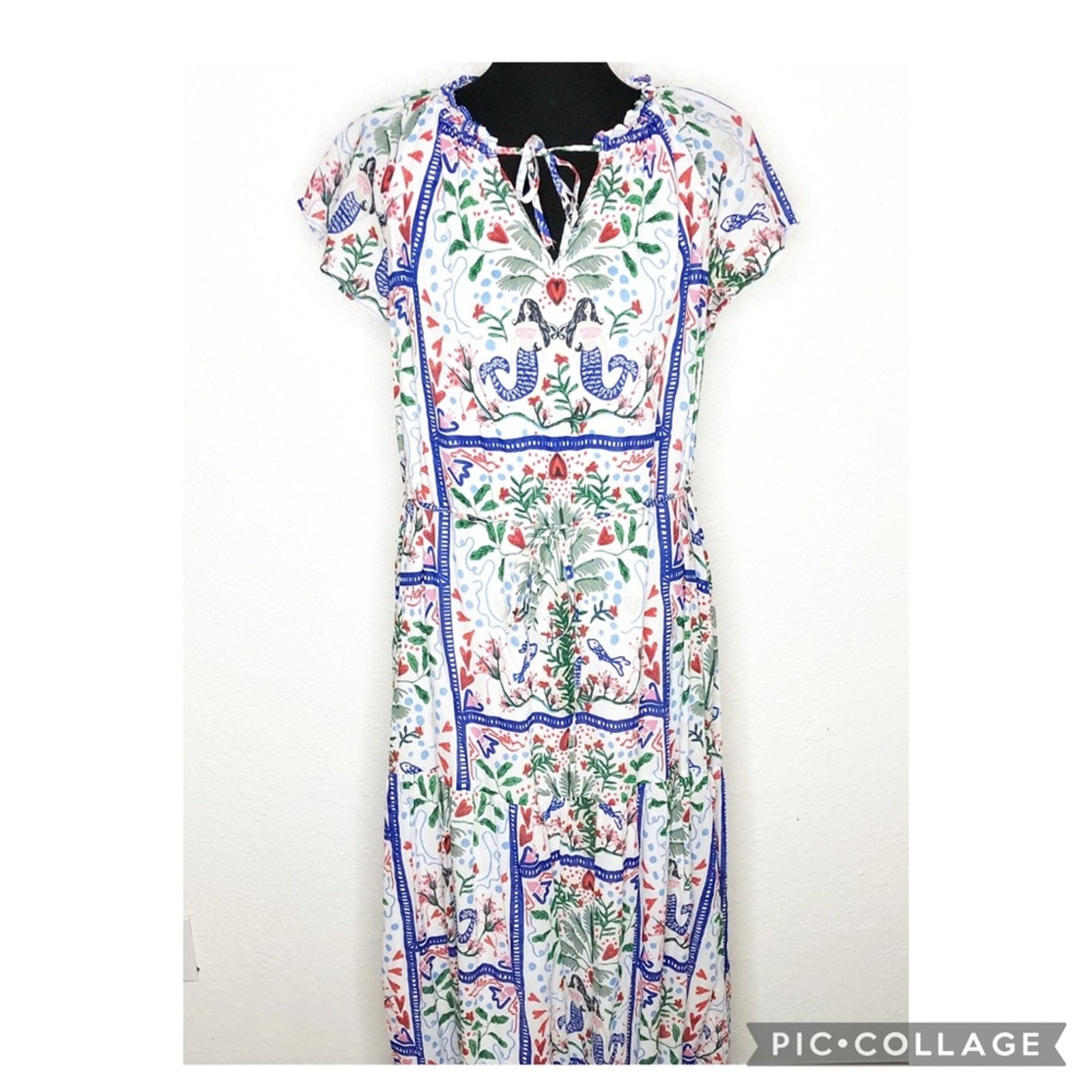 LOFT white blue red floral mermaid fish tiered maxi dress size Medium