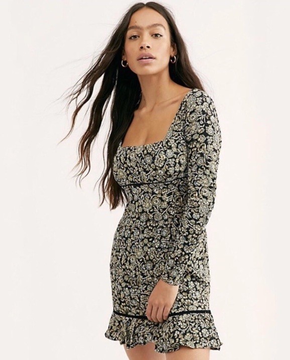 Free People Boheme Mini Dress Floral Black Open Back Square Neck Long Sleeve 10