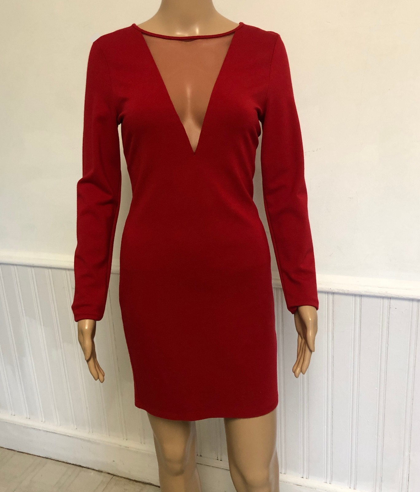 Red Sassy Bodycon Deep V Sheer Mesh Mini Dress Sz Large Long Sleeve