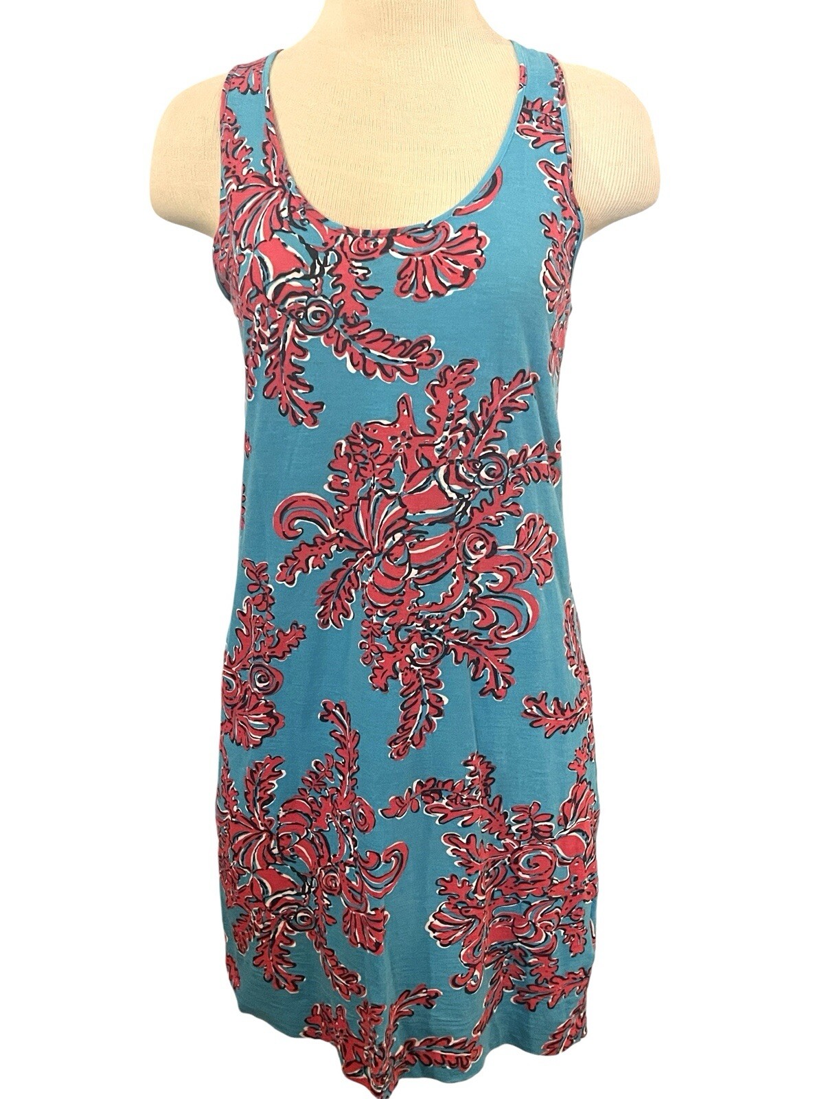 LILLY PULITZER Small Shore Searulean Blue Red Racer Back Tank Boho Cruise Dress