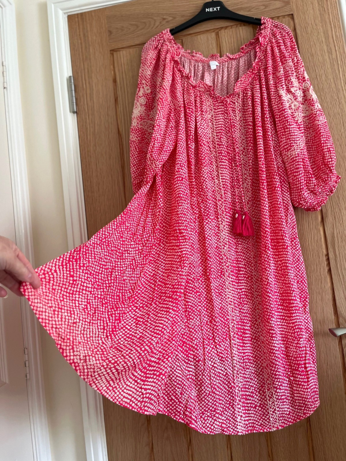 Monsoon Raspberry Red/Pink & White On-Off Shoulder Beach Dress, Size L, 18-20