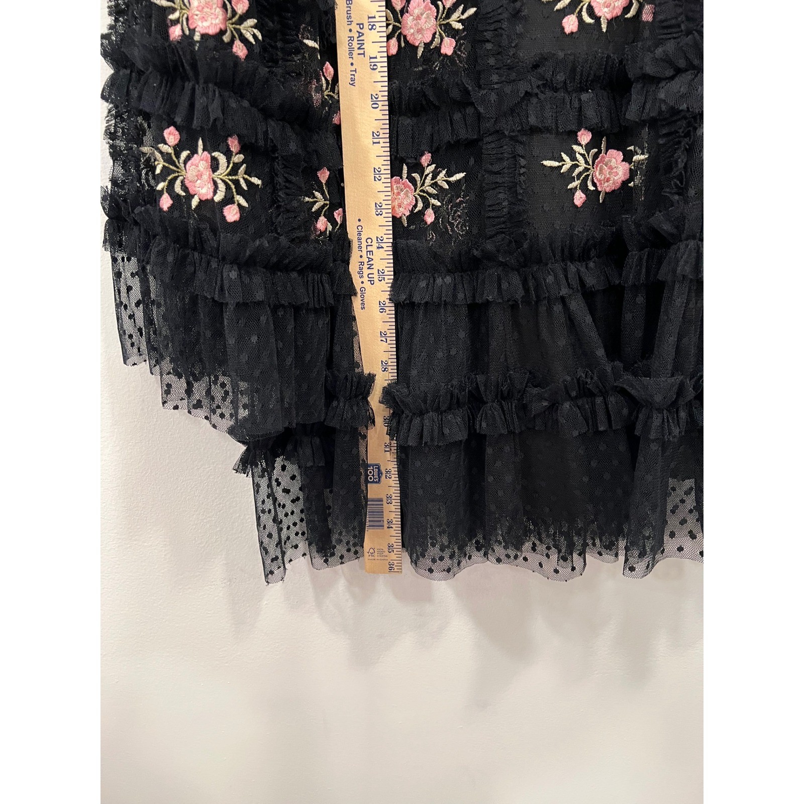 Mac Duggal Mini Dress Womens 8 Black Pink Floral Embroidered Tulle Tiered Ruffle