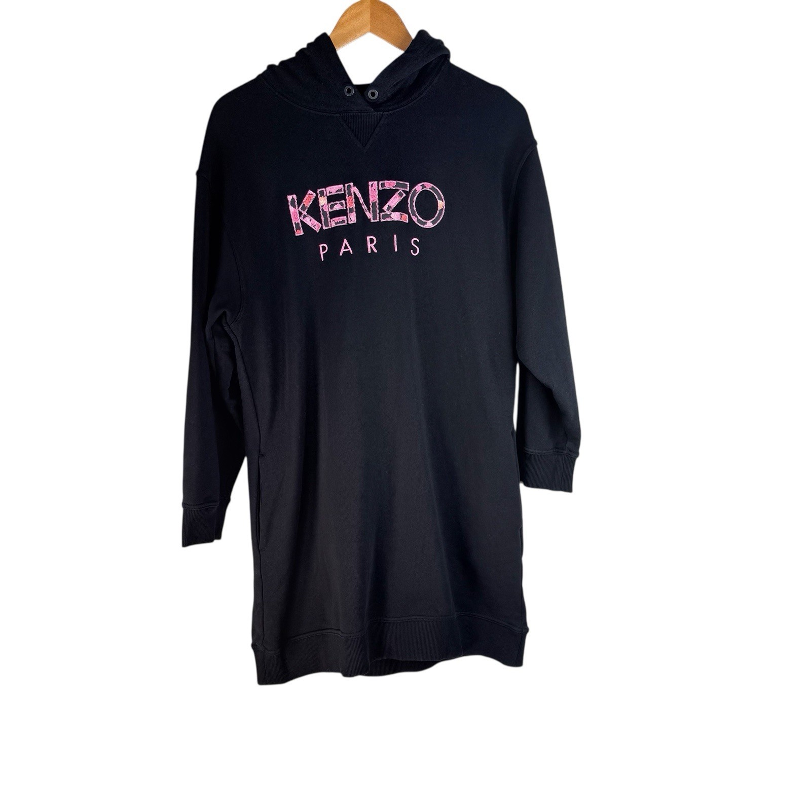 Kenzo Paris Peony Logo Embroidered Hooded Sweatshirt Dress black cotton Size S