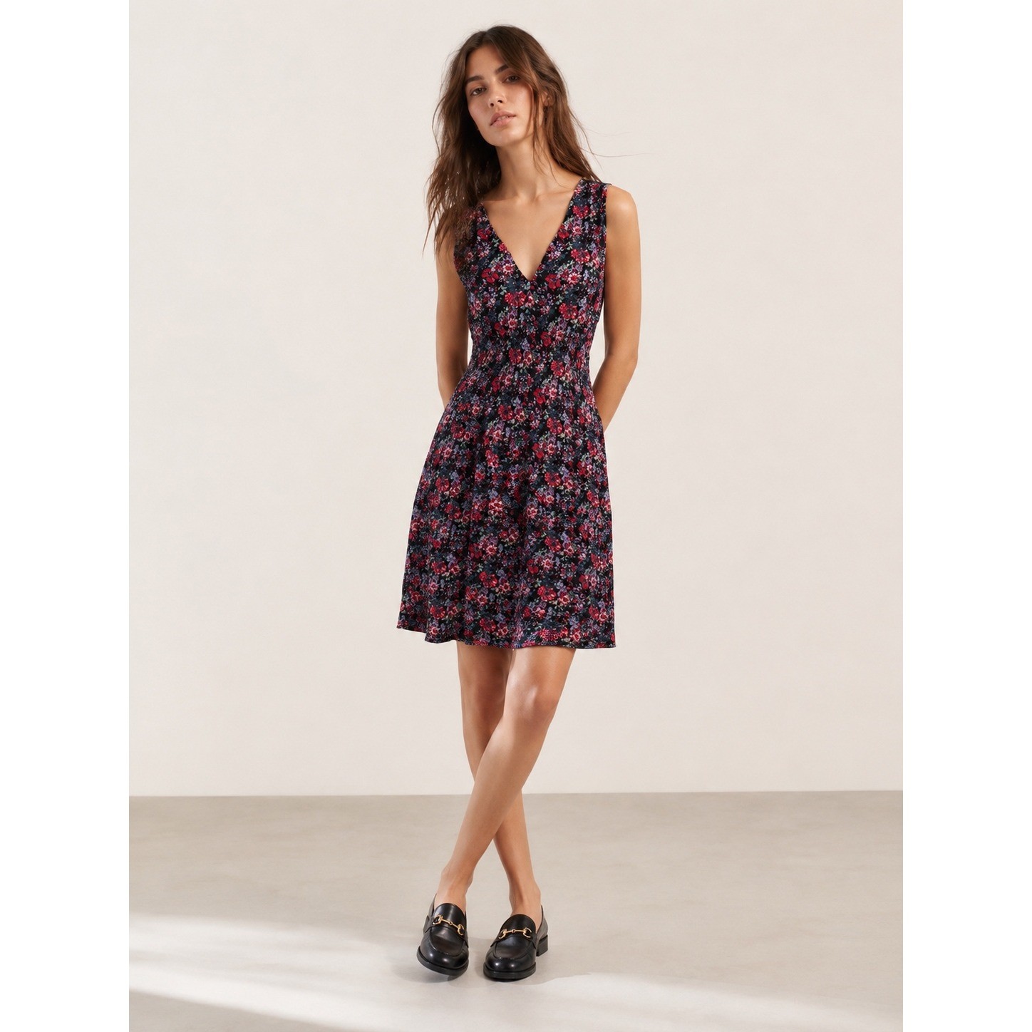 Maje Lolita Floral Smocked V-Neck Mini Dress Multicolor Viscose Size 2 M
