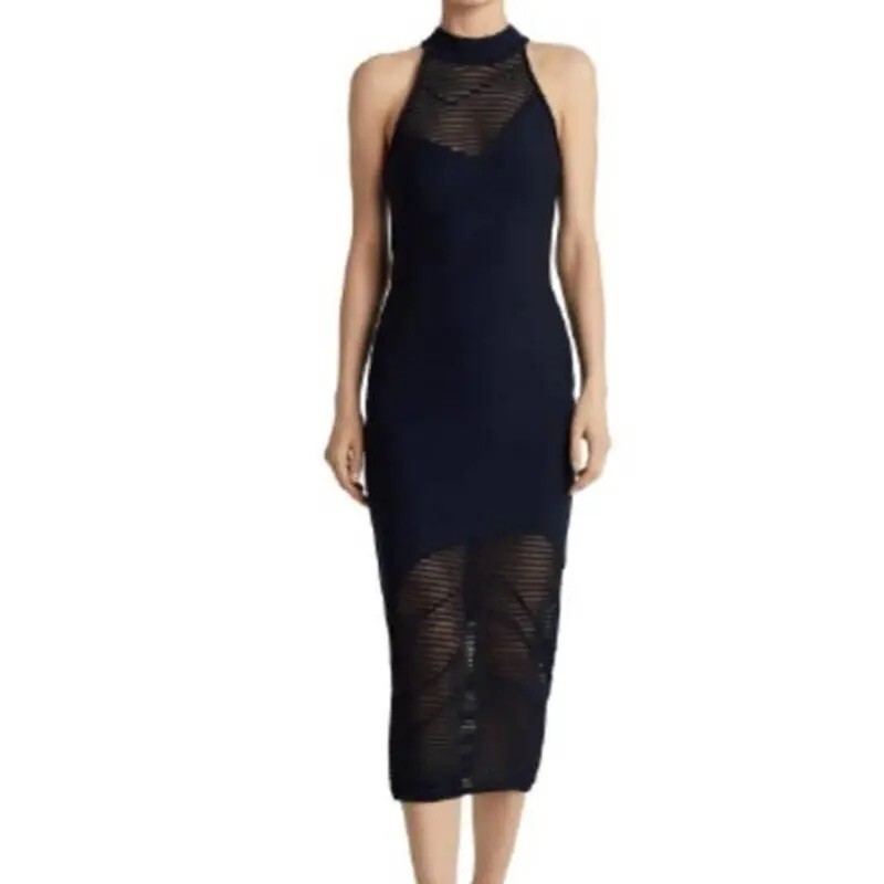 CUSHNIE ET OCHS Dark Navy Halter Mock Neck Stretch Knit Sheer Midi Dress S = 4/6