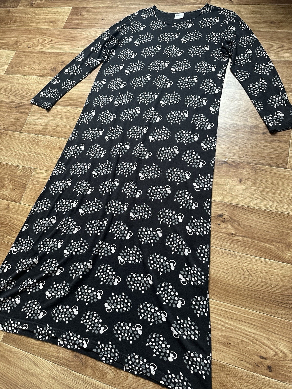 Aarikka Finland Black Sheep Print Long Sleeve Maxi Dress Cotton Modal M Excellen