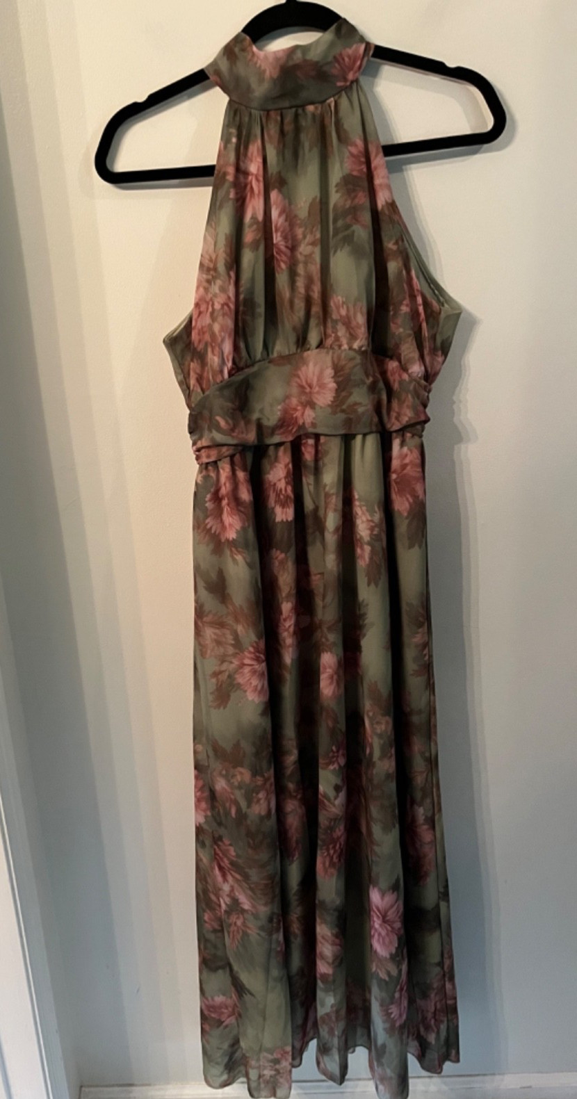 Unbranded Women Dress M Olive Green/Pink Floral High Neck Maxi Lined Elegant New