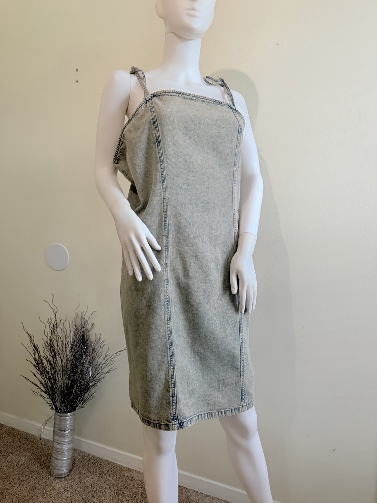 Monki Blue Denim Tie Strap Open Back Square Neck Knee Length Dress 50