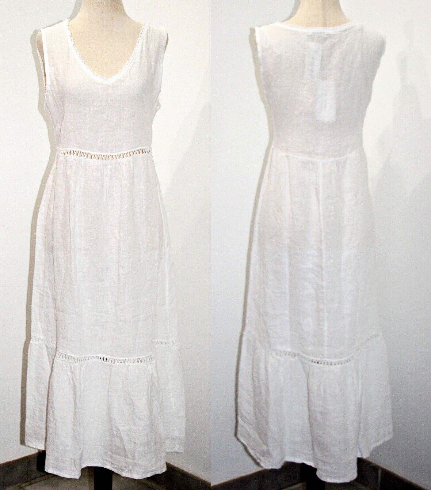 Valentina Naldi 100% Linen Crochet Trim Tiered Summer Dress sz M Made in Italy