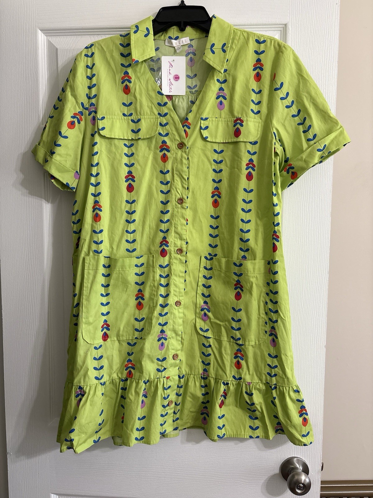 NWT Karlie Lime Green Floral Button Front Mini Dress Size Large Pockets Belt