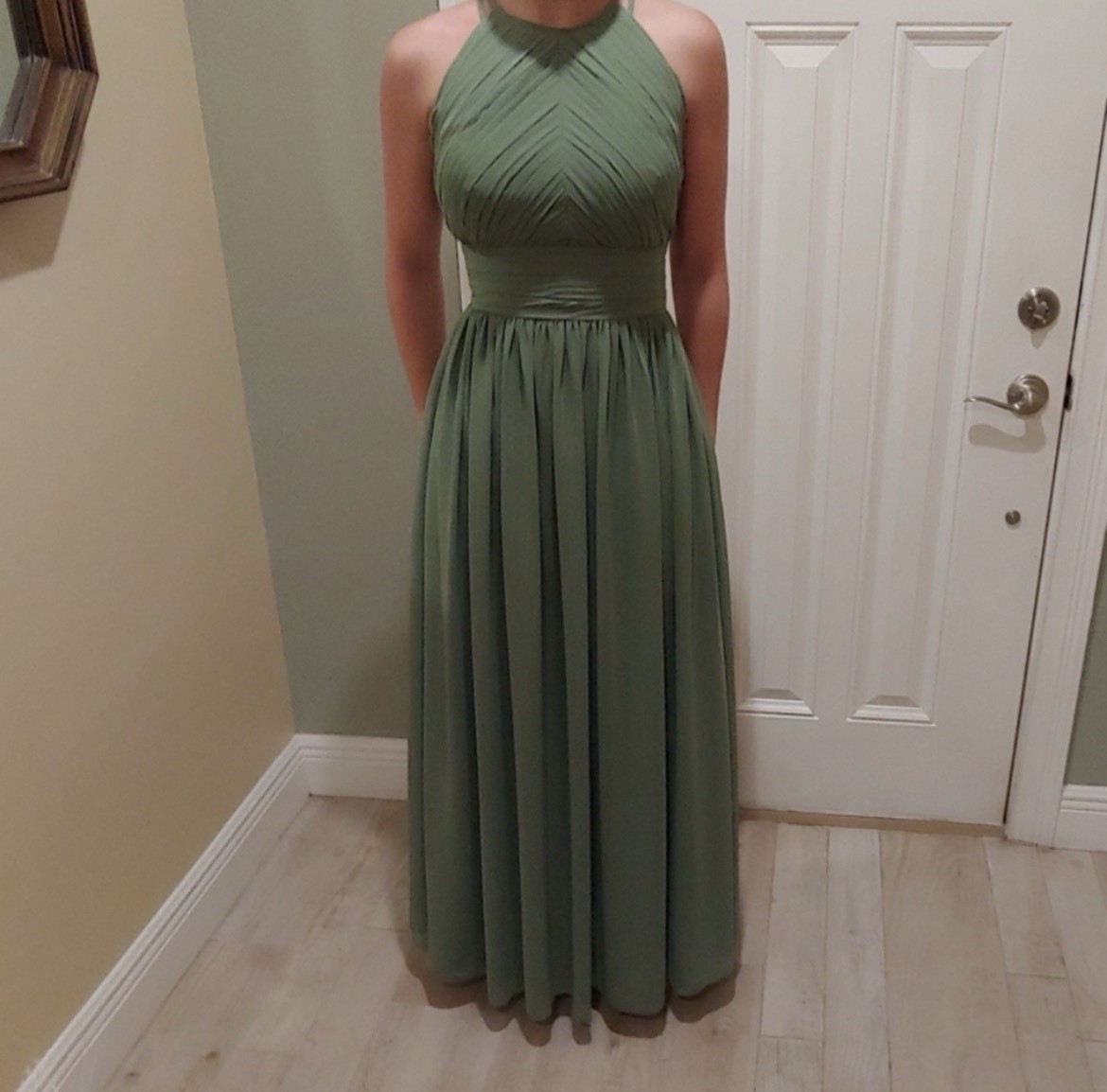 Bill Levkoff High Neck Cut Out Back Ruch Waist (Sage Green)-Sz 2-MRSP $199