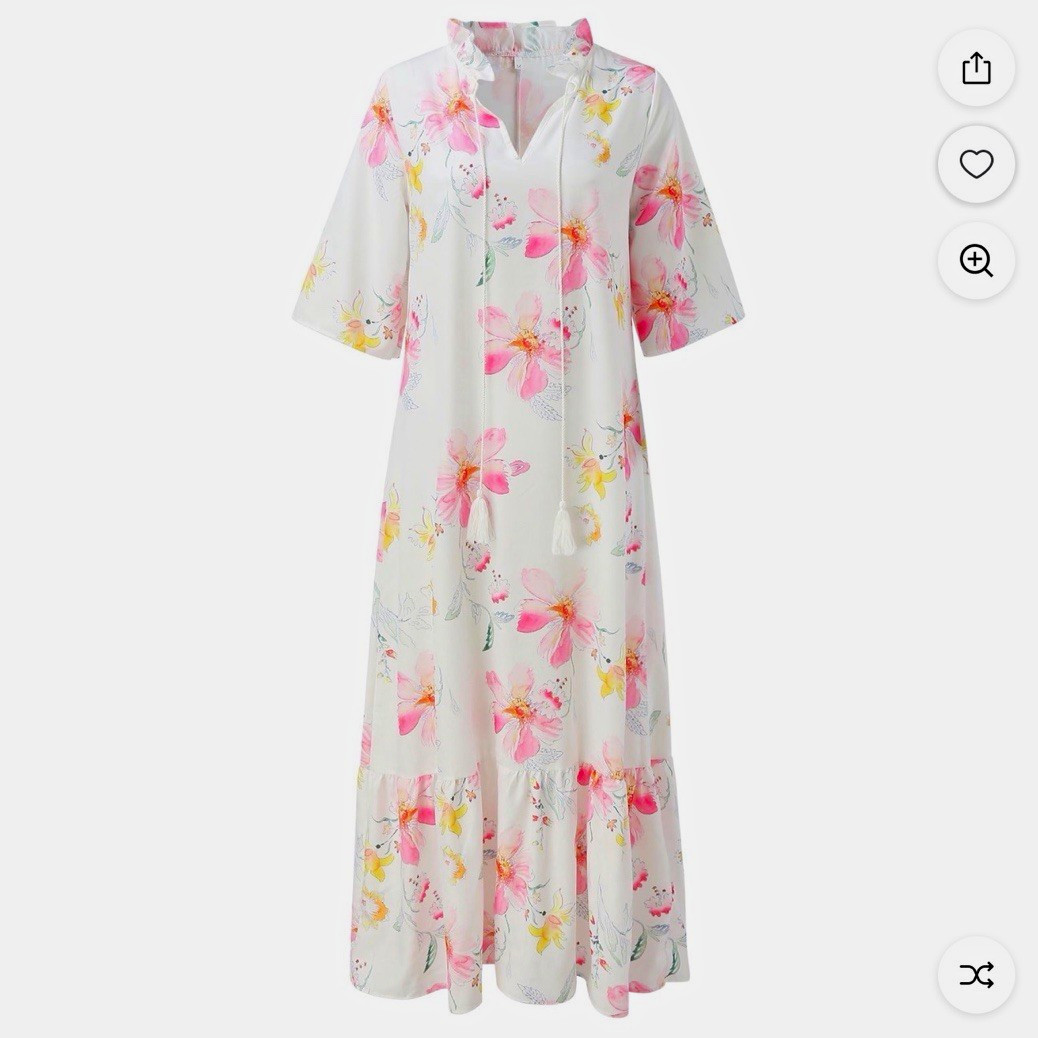 White Floral Maxi Dress V-Neck Half Sleeve Ruffle Hem Pullover Regular L
