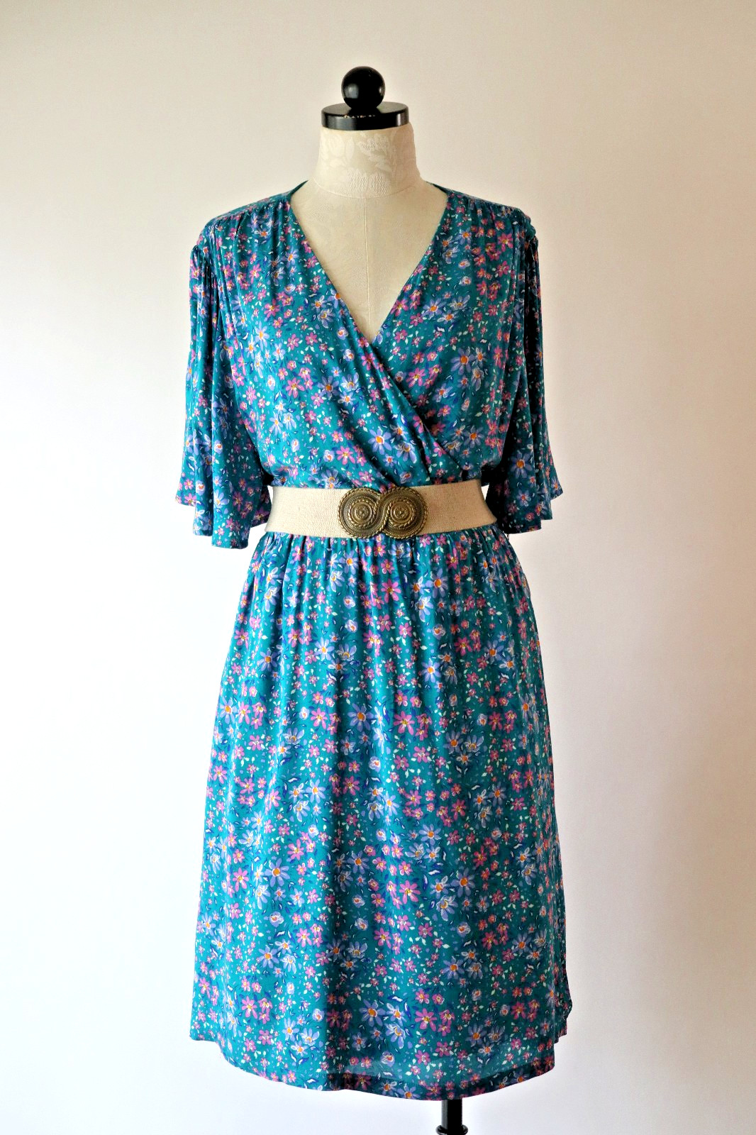 Draper James RSVP Teal Green Floral Short Batwing Sleeve Wrap Dress Women XXL