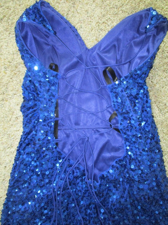EYE CATCHING! “PRIMAVERA” BLUE SEQUIN DRESS SZ 10~TIE BACK~Prom Party Dance-LN!