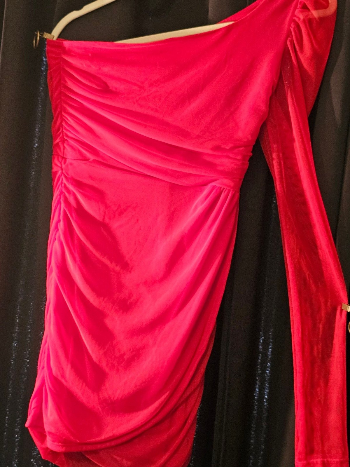 Lucy in the Sky Red Mesh One-Shoulder Ruched Mini Dress