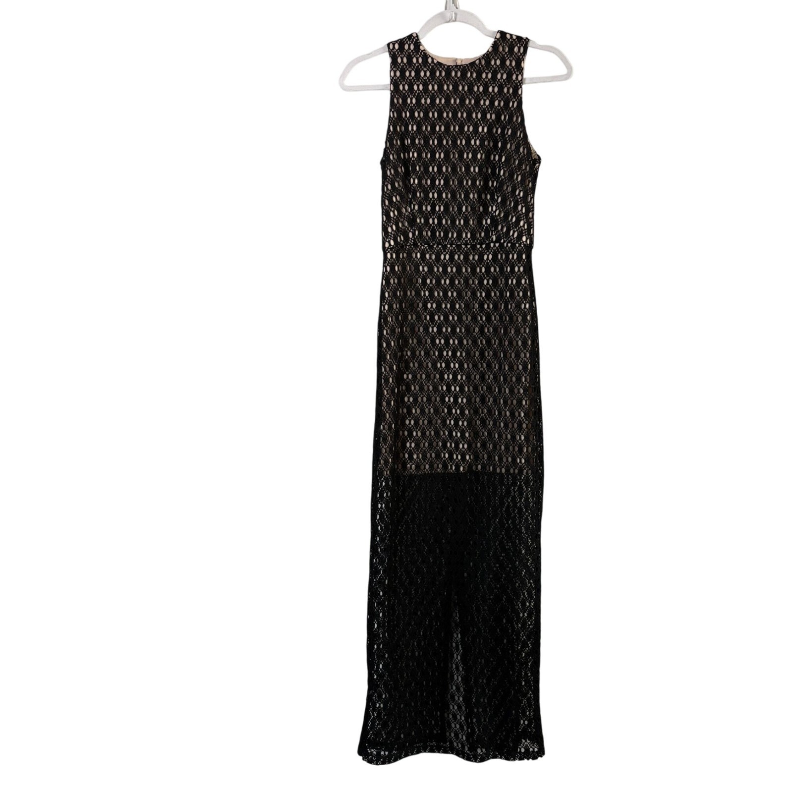 Shona Joy Crochet Lace Maxi Dress Size 6 Black Cut Out Sleeveless Slit Gown