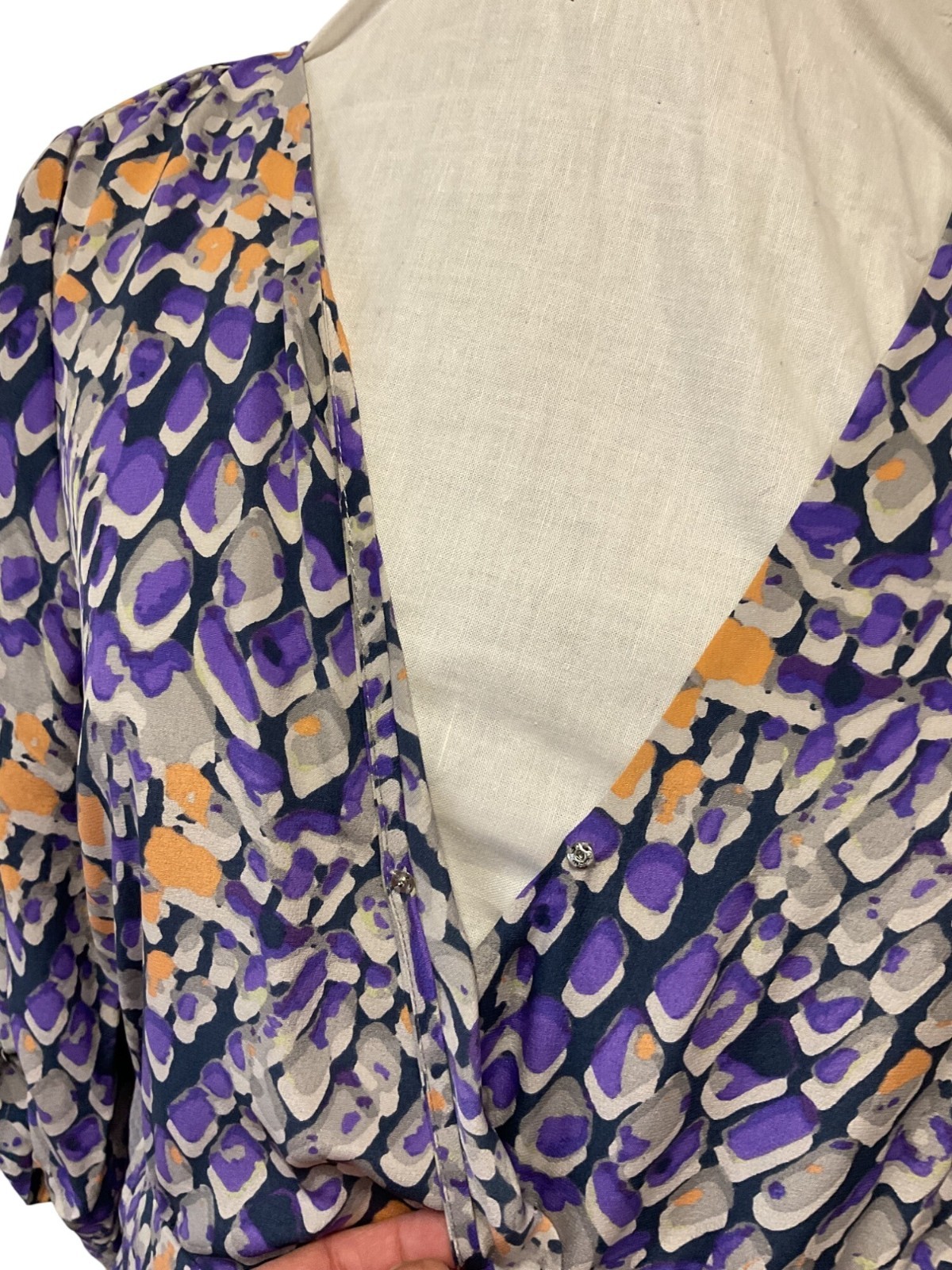 Presley Skye XS 100% Silk Abstract Print Wrap Dress W/ Belt Purple Peach & Grey