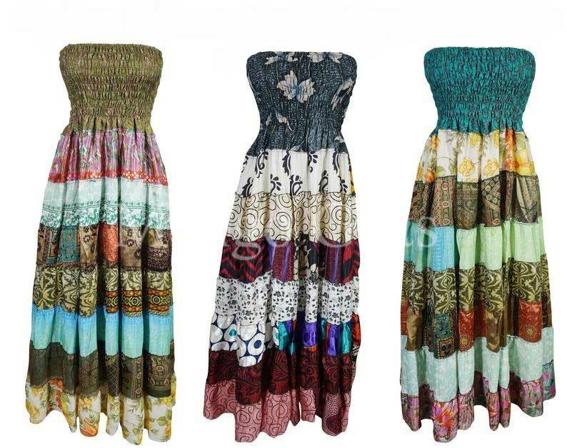 Silk Saree Long Maxi Dress Boho Hippie Clothes Beach Summer Gypsy Skirts Women
