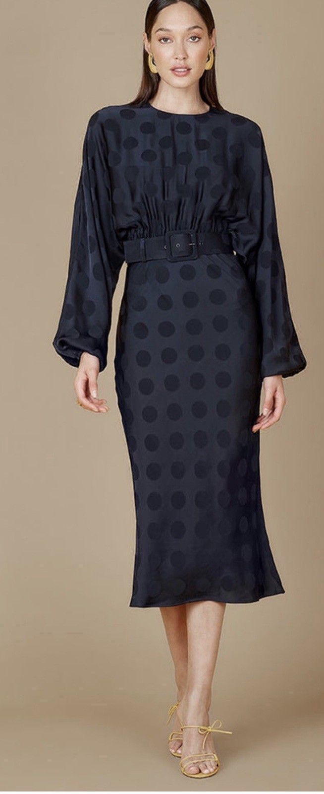 Rebecca Vallance Nour Navy Dot Dress Long Sleeve Size 4 Belt not included.