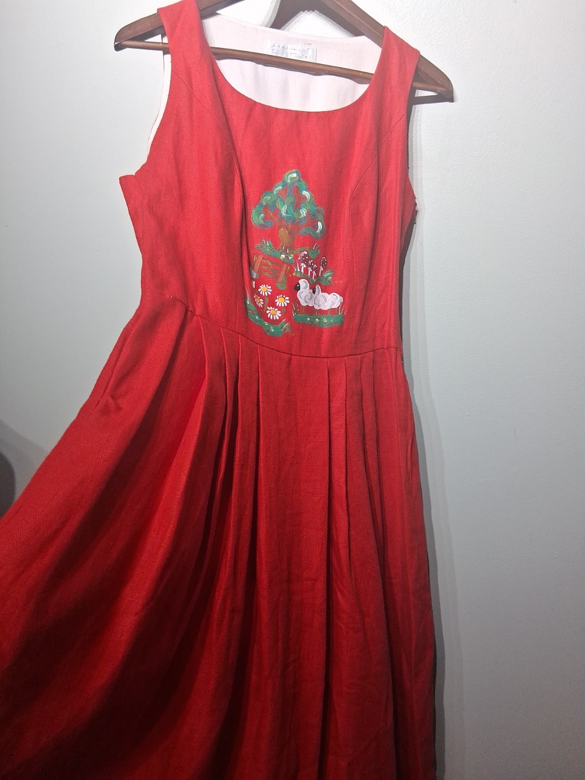 Sportalm Austrian Vtg Linen Red Maxi Sleeveless Dress Printed Front Size EU 40