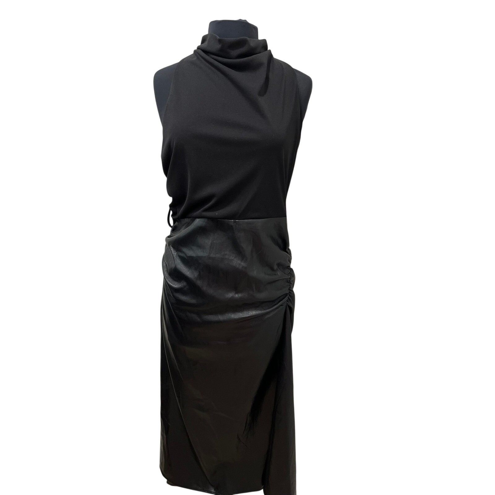 Donna Karan New York Black Mixed Media Faux Leather Ruched Midi Dress Size 10