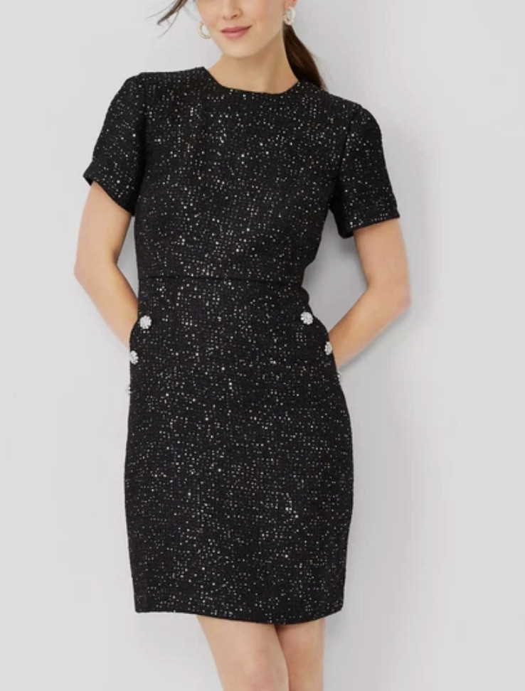 NEW ANN TAYLOR BLACK SPARKLE BUTTON TRIM SEQUIN TWEED DRESS SZ 2