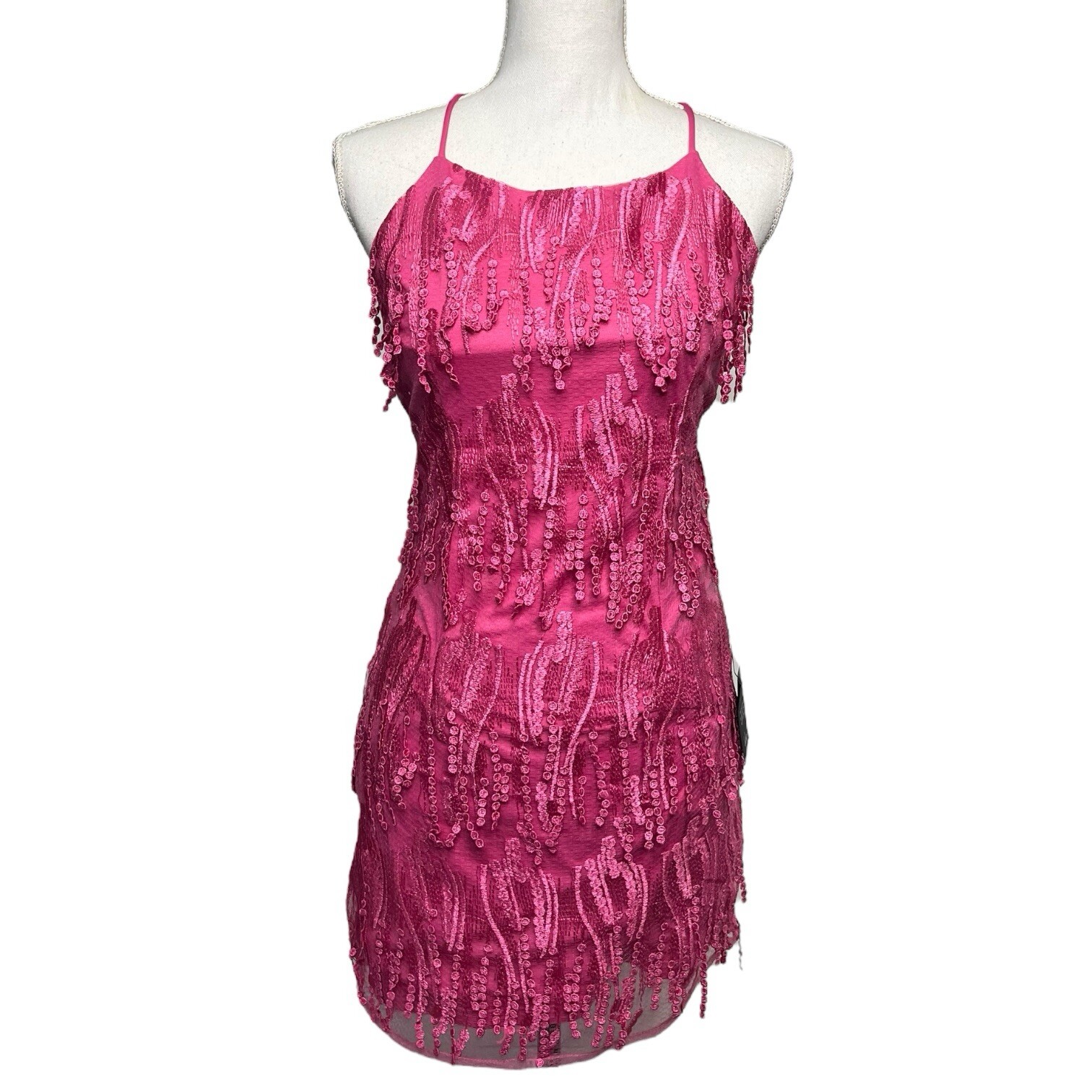 New Lulus Dress Womens M Making Magic Fringe Lace Up Mini Overlay Bright Pink