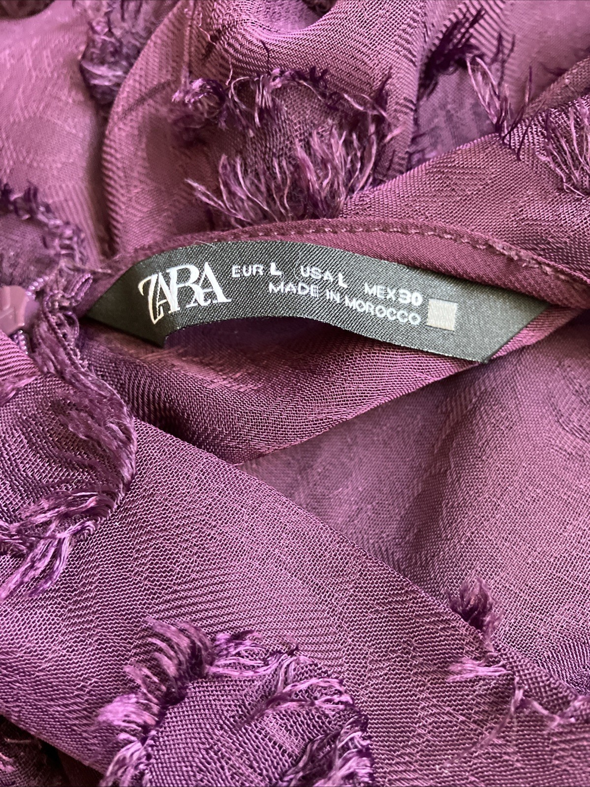 Zara L Maxi DRESS Chiffon Eggplant Purple Polka Dot Flocked v neck Empire waist