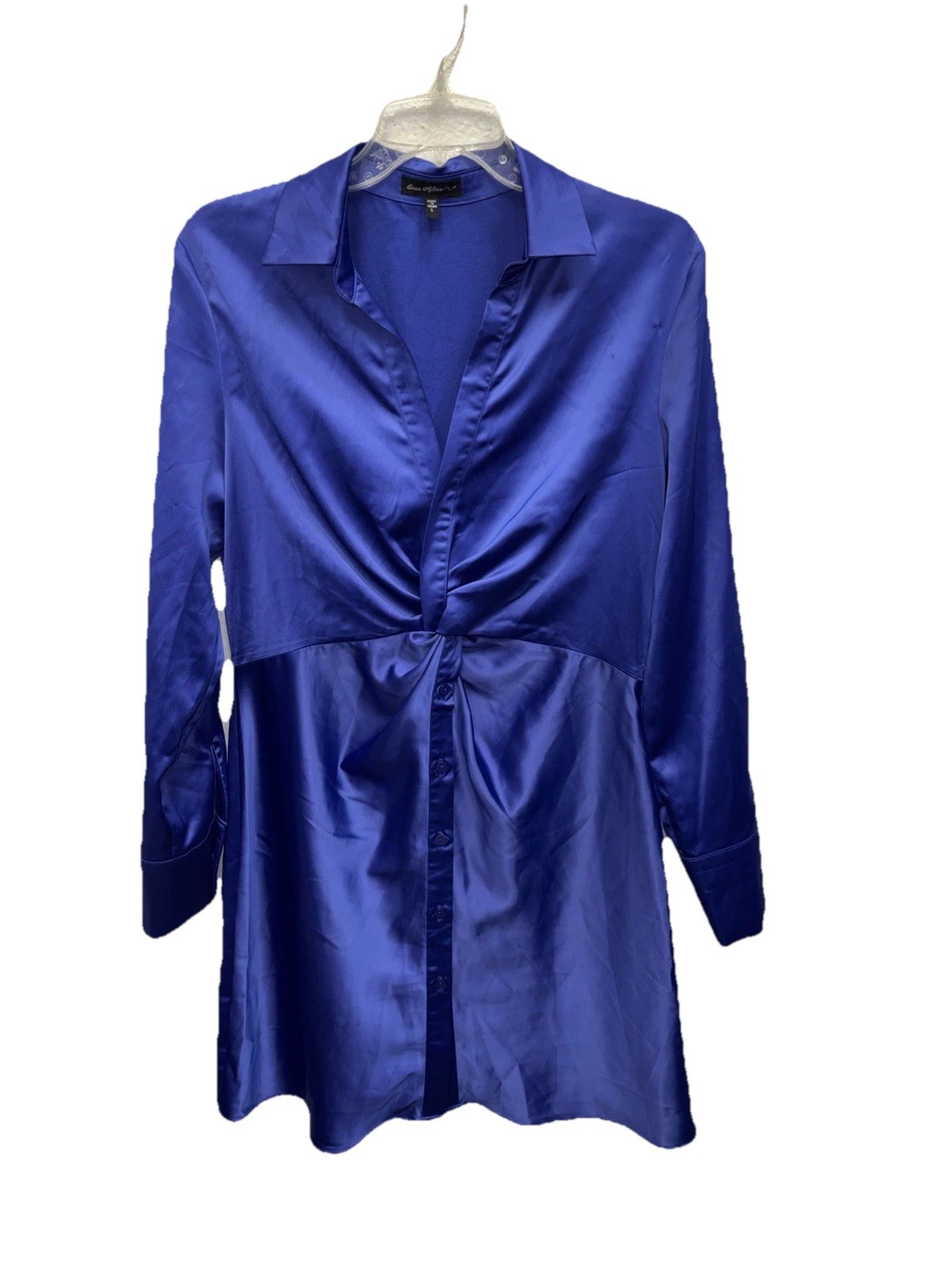 Ever After Satin Long Sleeve Shirt Dress Women L Blue Purple Twist Knot Buttons