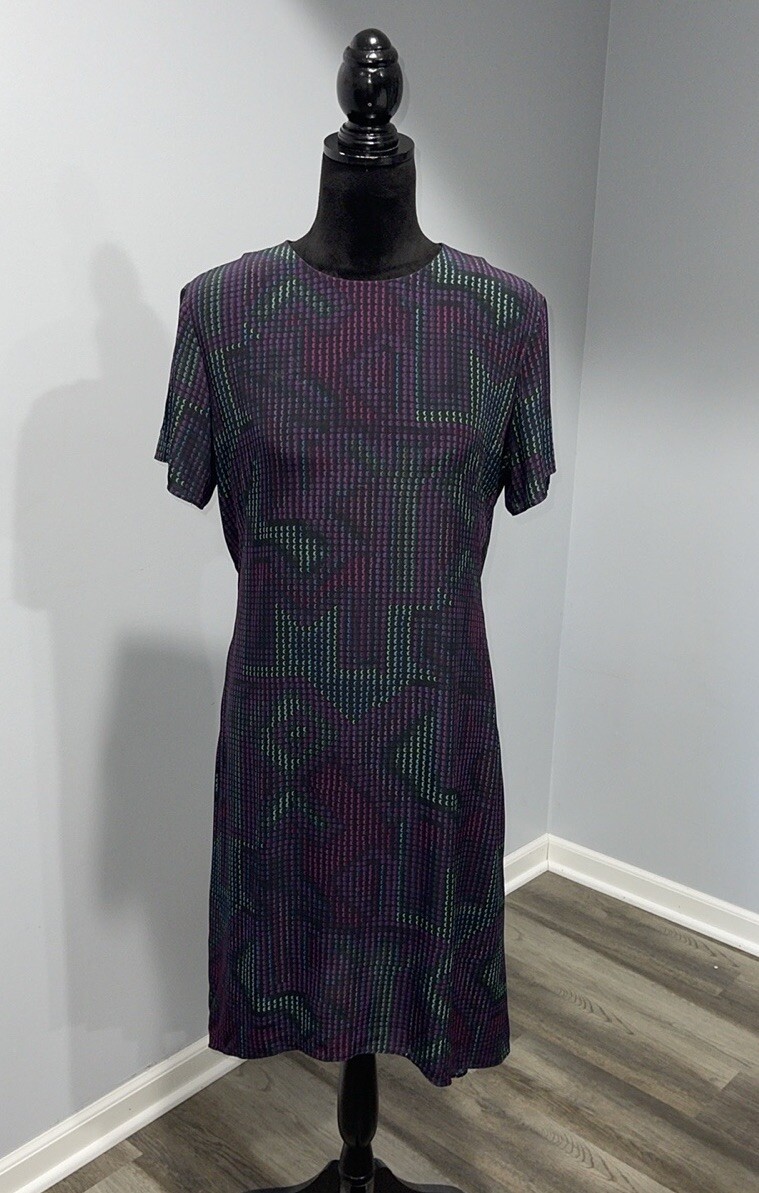 KENZO PARIS Silk Dress Size EU 42 Geometric Matrix Multicolor Pattern On Black