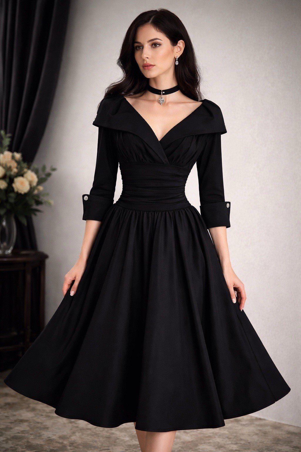 Black Tea Length Fit Flare Dress Ruched Waist Portrait Collar Noir Elegance 6