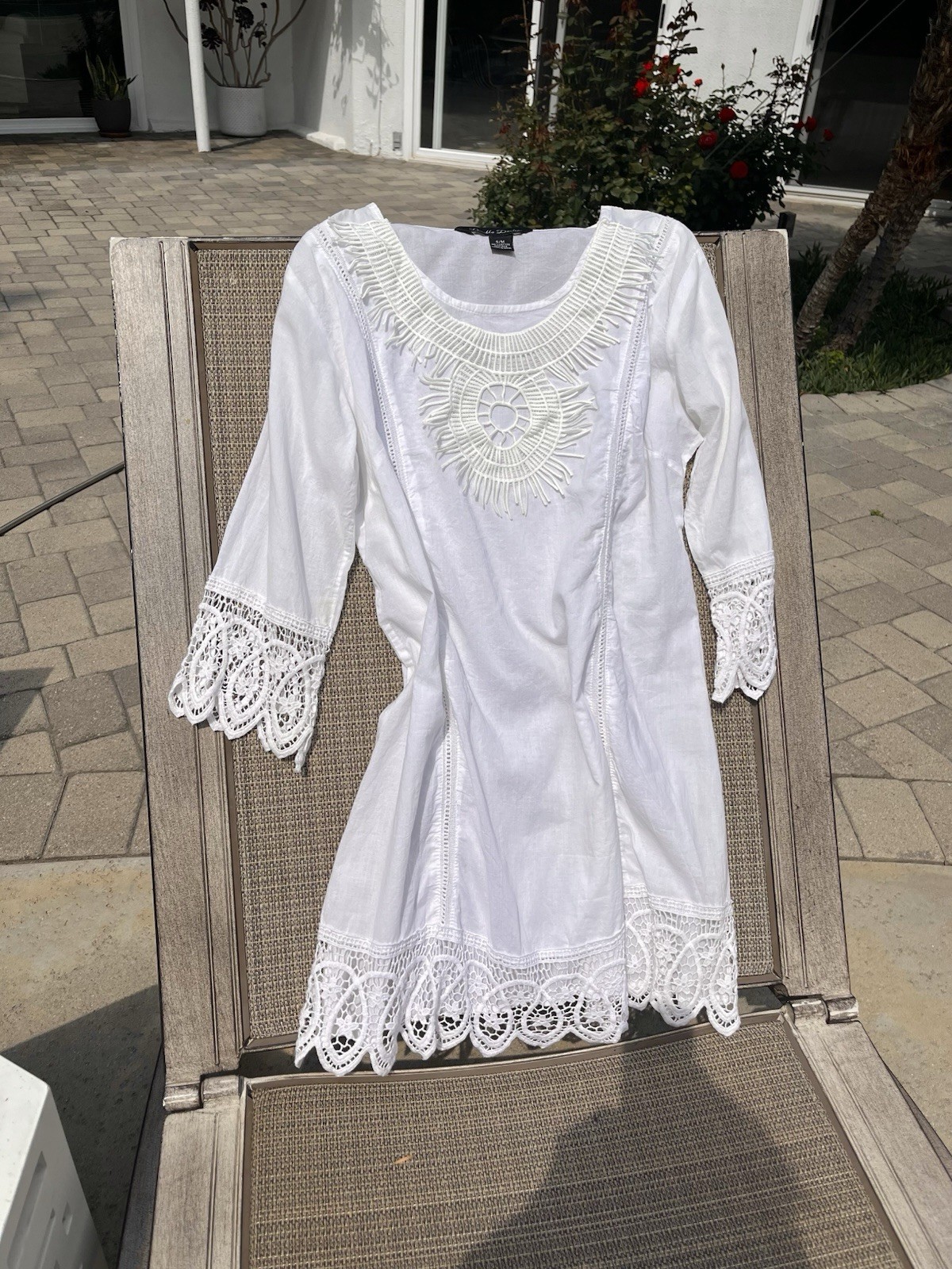 White Crochet Embroidered Scoop Neck 3/4 Sleeve Shift Short Dress M