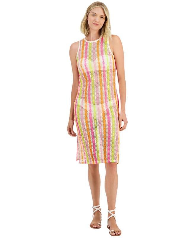 Miken Women’s Open Knit Cover Up Dress (Hot Pink/Orange Yellow, X-Small)