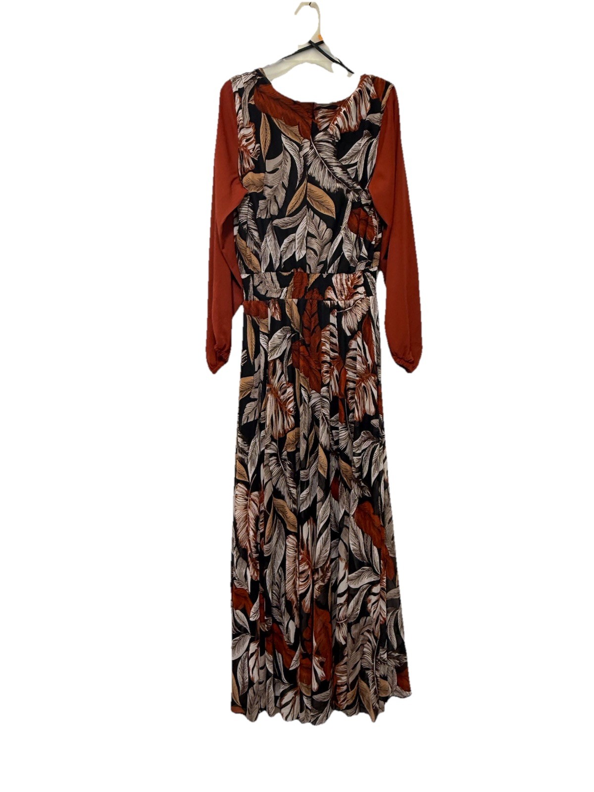 Kate & Lily 12 Black Rust Orange Long Sleeve Smocked Waist V-Neck Maxi Dress EUC