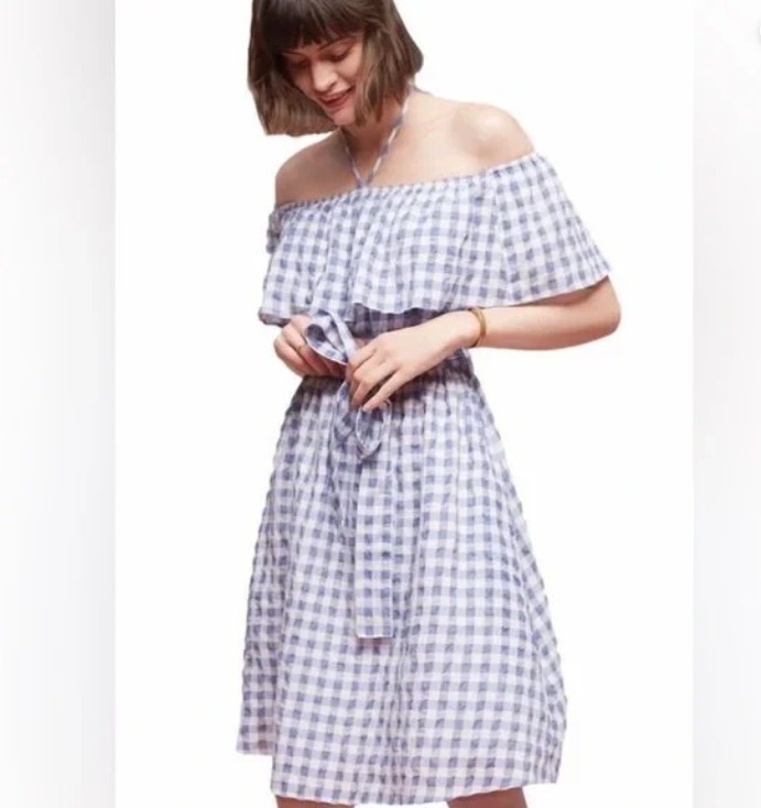 Anthropologie 11-1 Tylho Off-The-Shoulder Dress Gingham Blue SZ Petite LG NWT