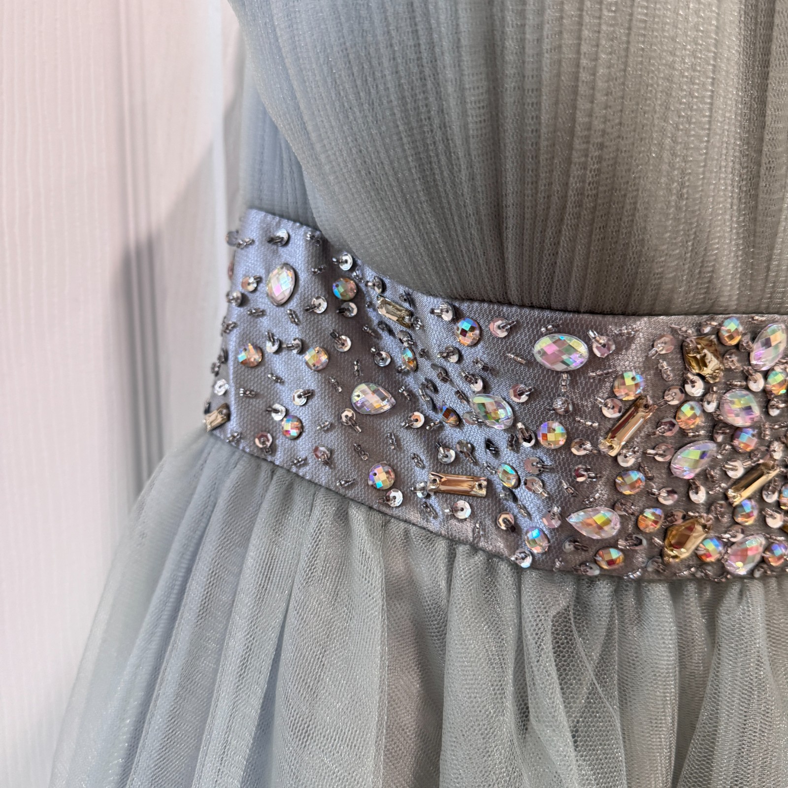 NWT GLS Limited Edition Strapless Beaded Tulle Prom Party Dress L Sage Gray