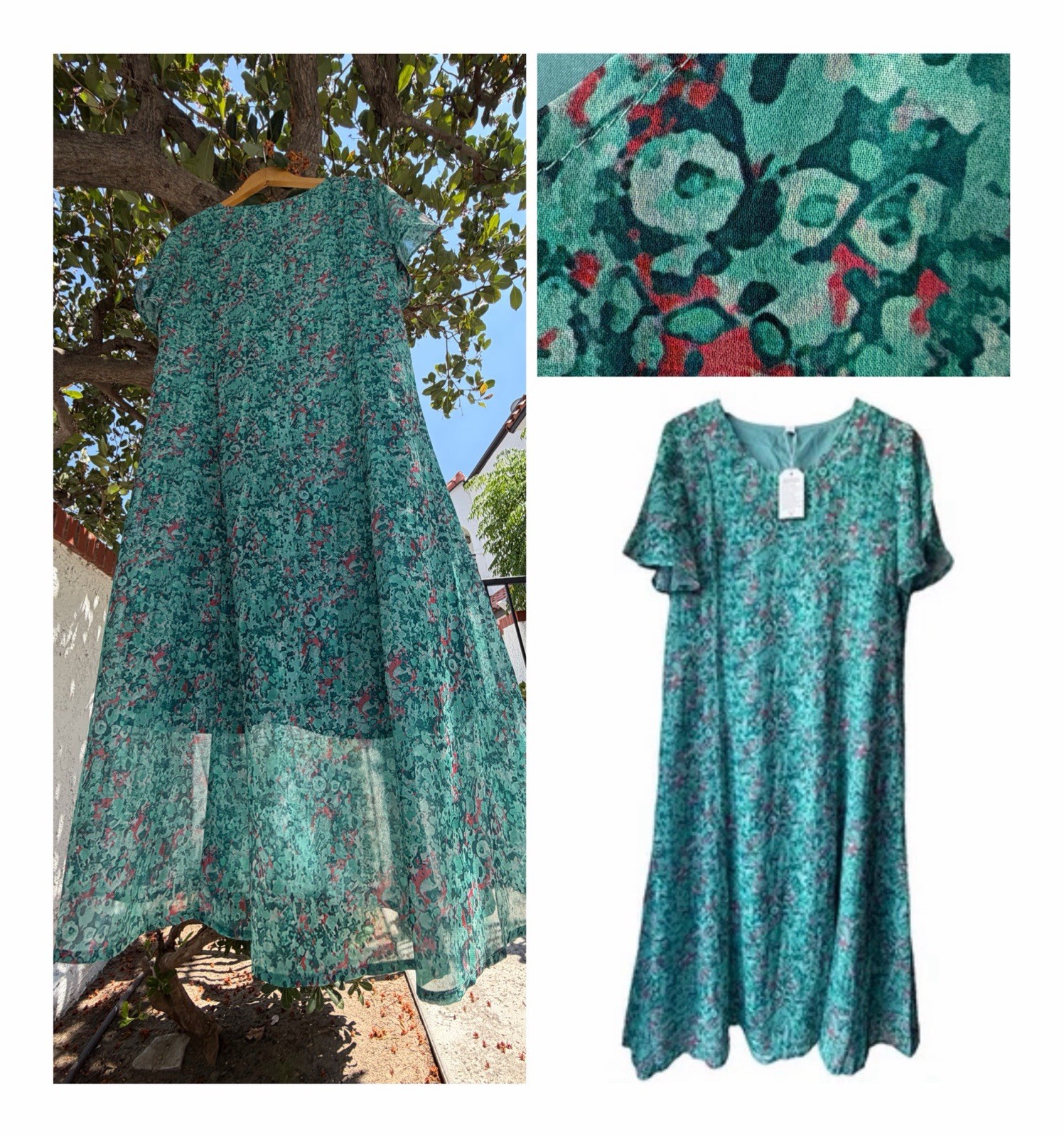 Eco-Friendly Green Floral Mesh Midi Dress Sz L NWT Flutter Sleeve Abstract Teal