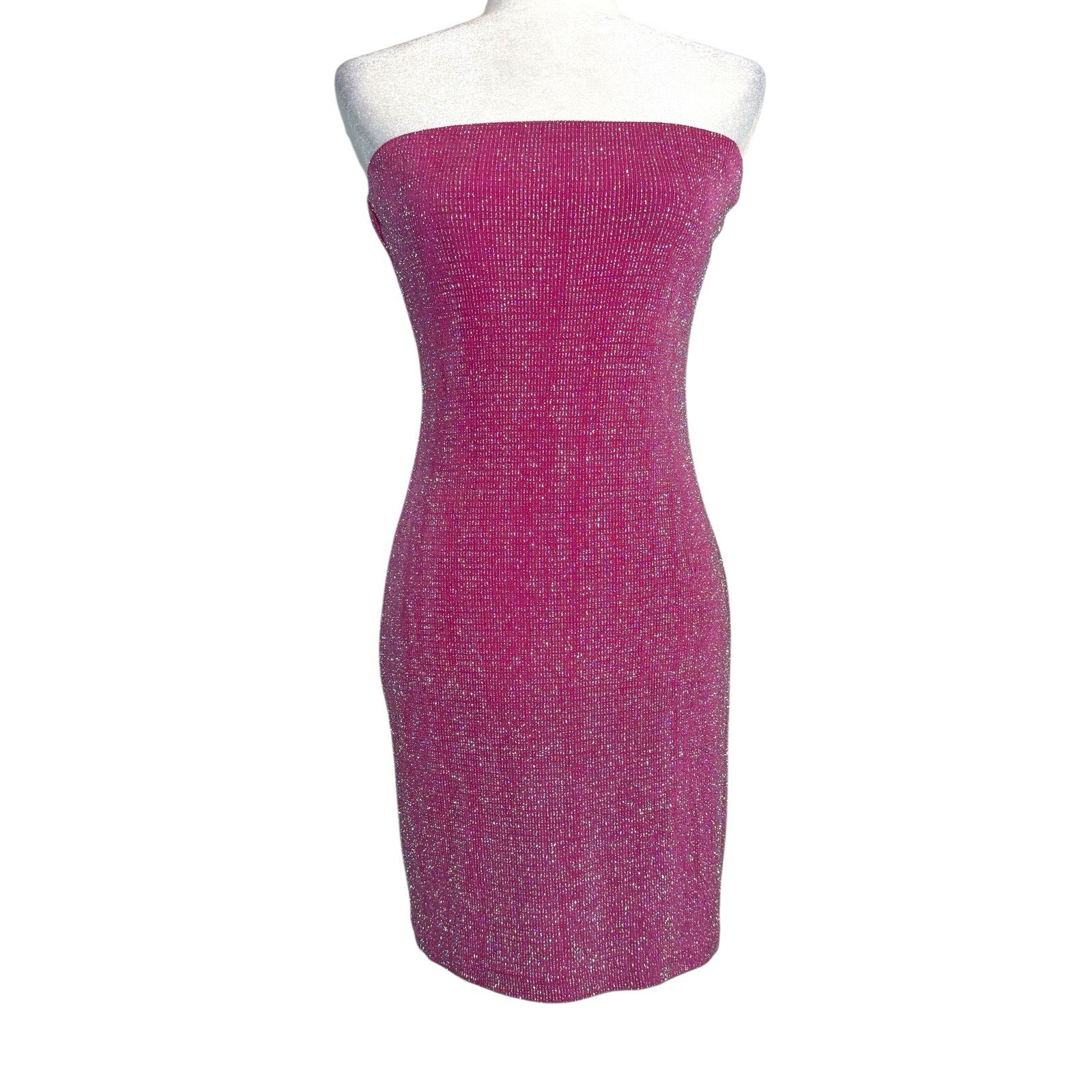 Vintage 90s Charlotte Russe Glittery Strapless Mini Dress L Pink Slinky Sexy USA