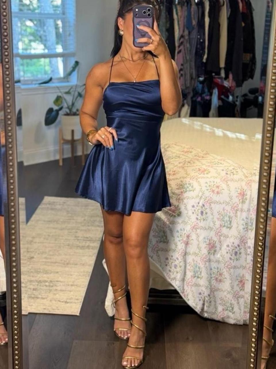 Lucy in the Sky Navy Satin Mini Dress Cowl Neck Open Back Party Homecoming XS