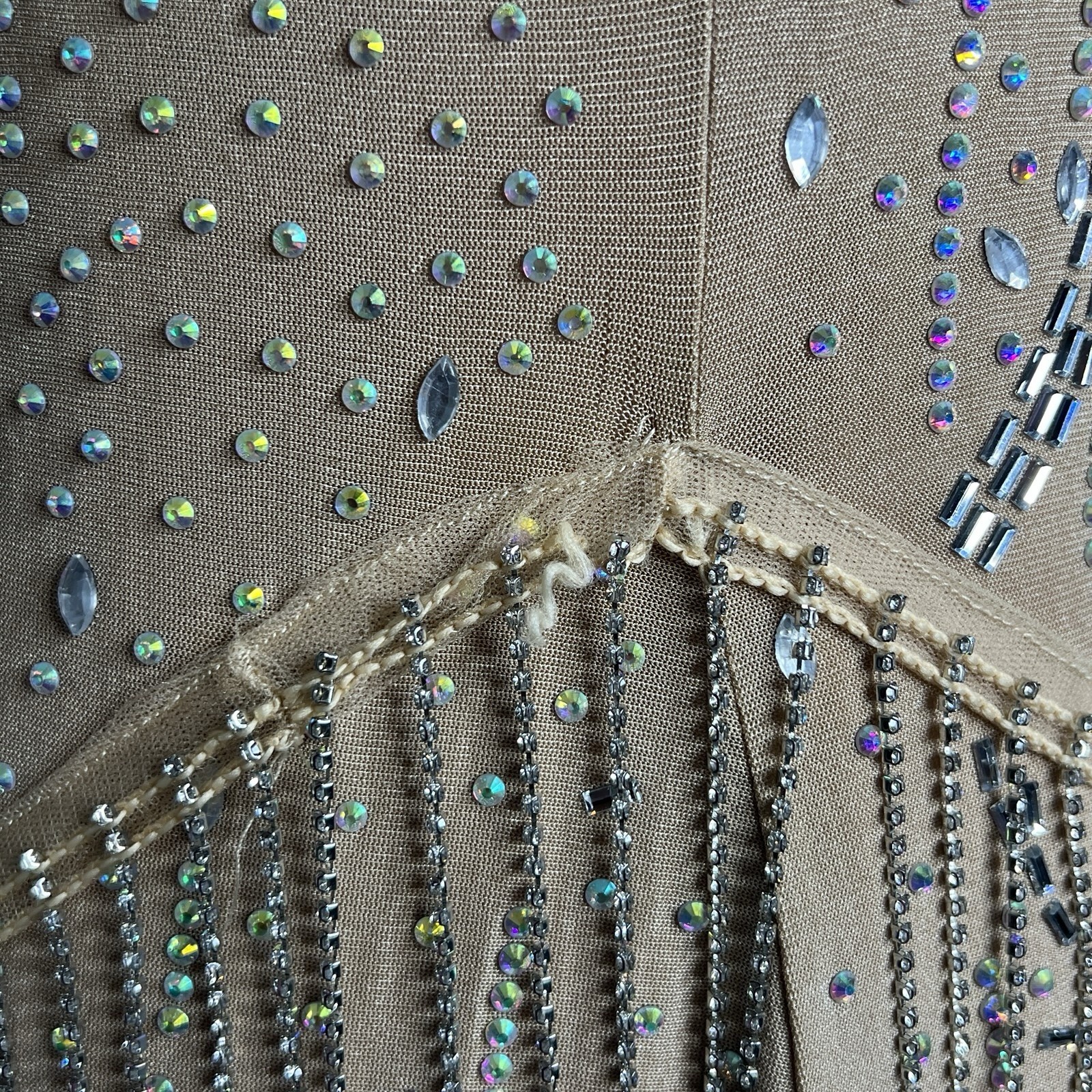 Banjul Nude Rhinestone Sparkly Fringe Layer Midi Sleeveless Dress Size Large