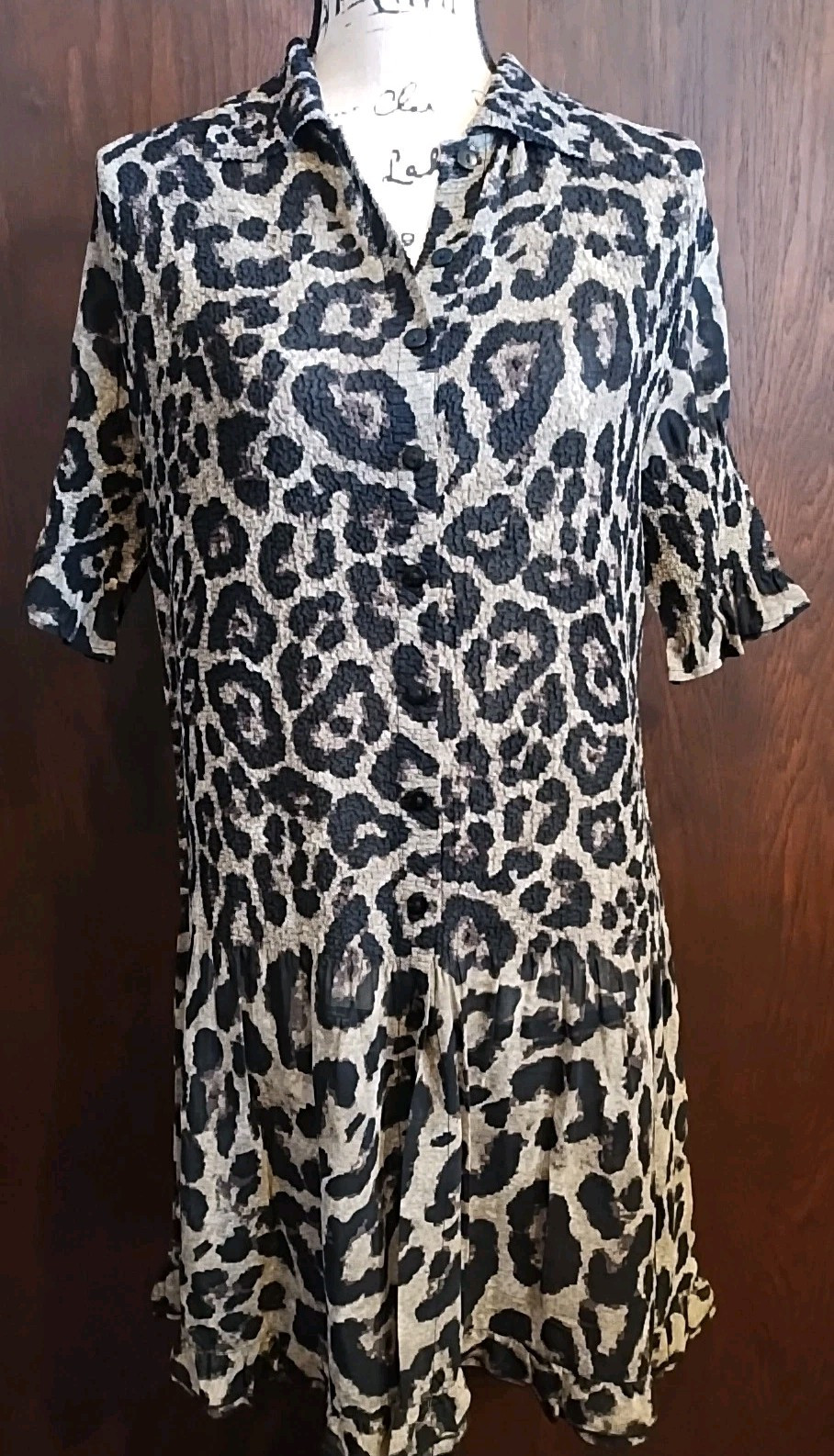 Shirt Dress Animal Print Dress Ruffle size large black brown beige Lightweight
