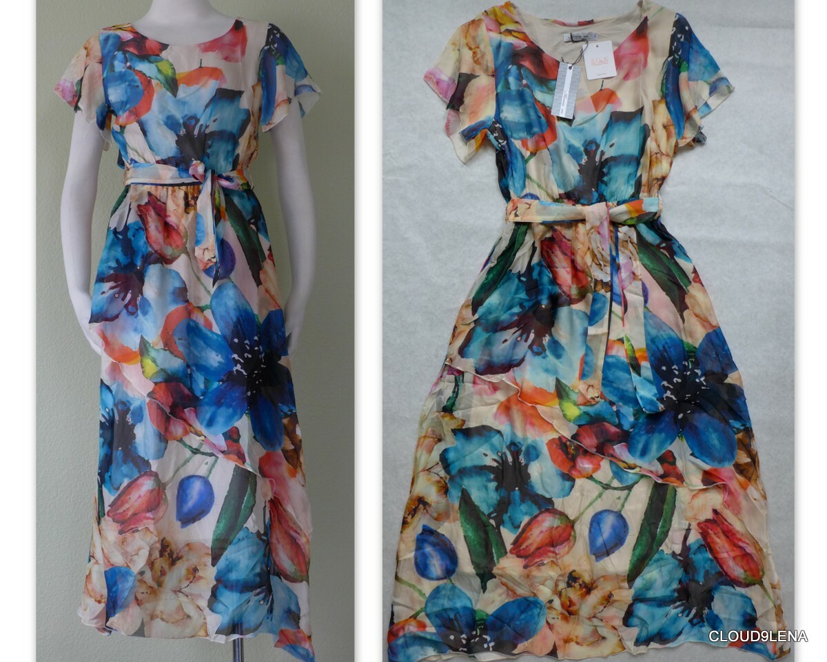 NWT ILENIA M(Made Italy) Floral Print Silk Blend Chiffon Belted midi Dress SMALL