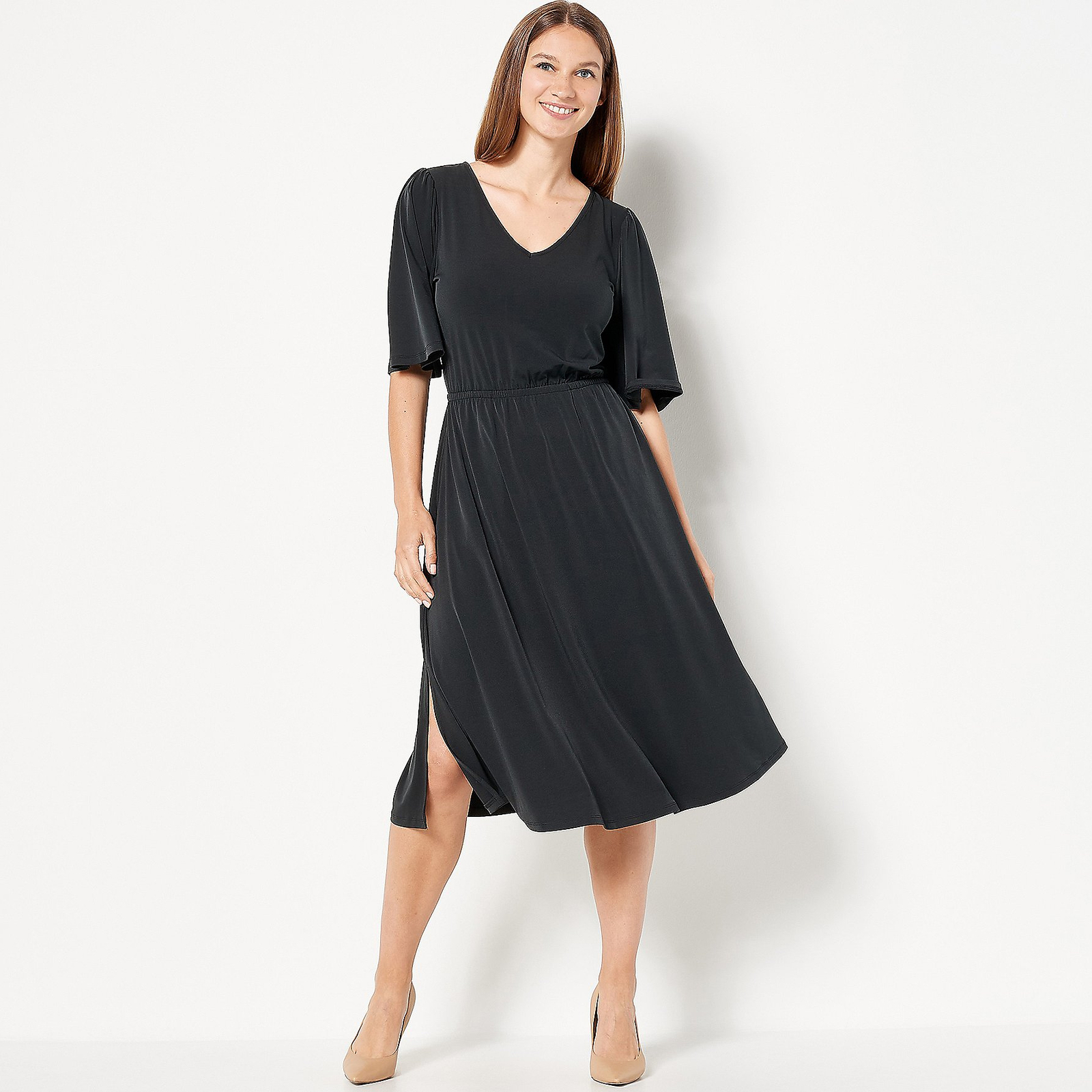 Girl With Curves Sz Petite SMALL (SP) Midi Dress w/Flutter Sleeves A504599 BLACK