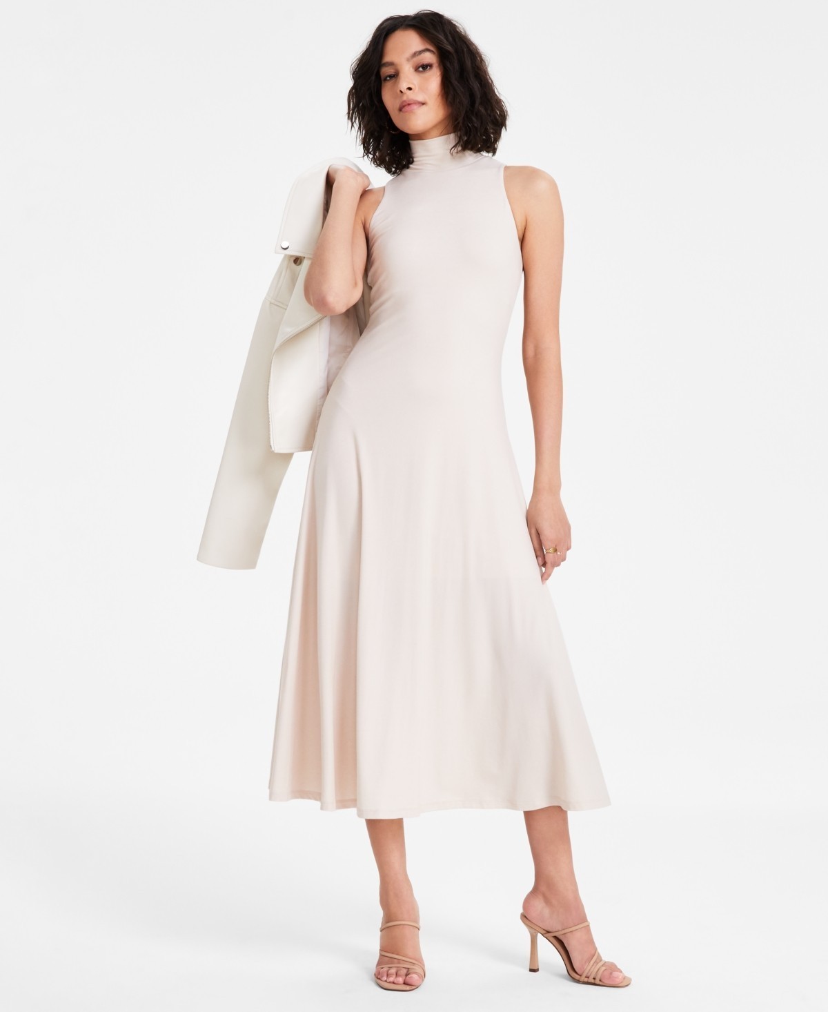 Bar III Mock Neck A-Line Sleeveless Dress Brown Toffee Women’s