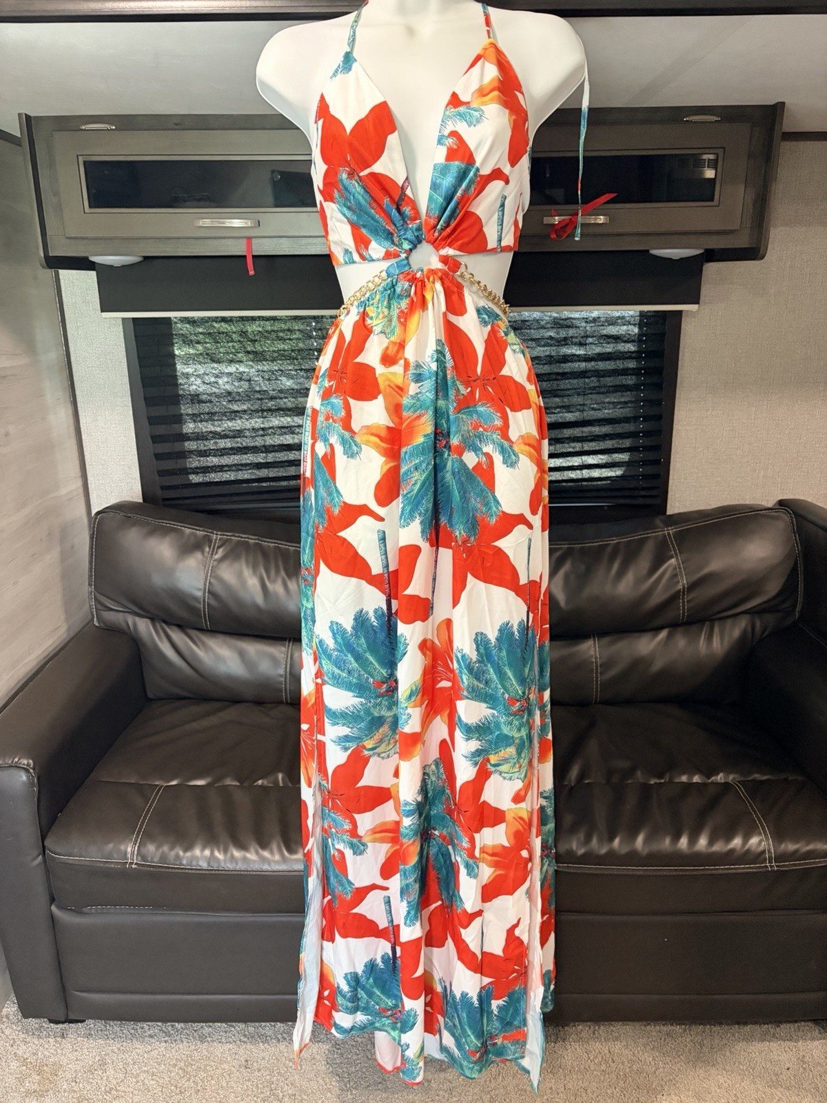 Women’s XL Halter V-Neck Maxi Dress Tie Waist Floral Tropical White Orange Blue