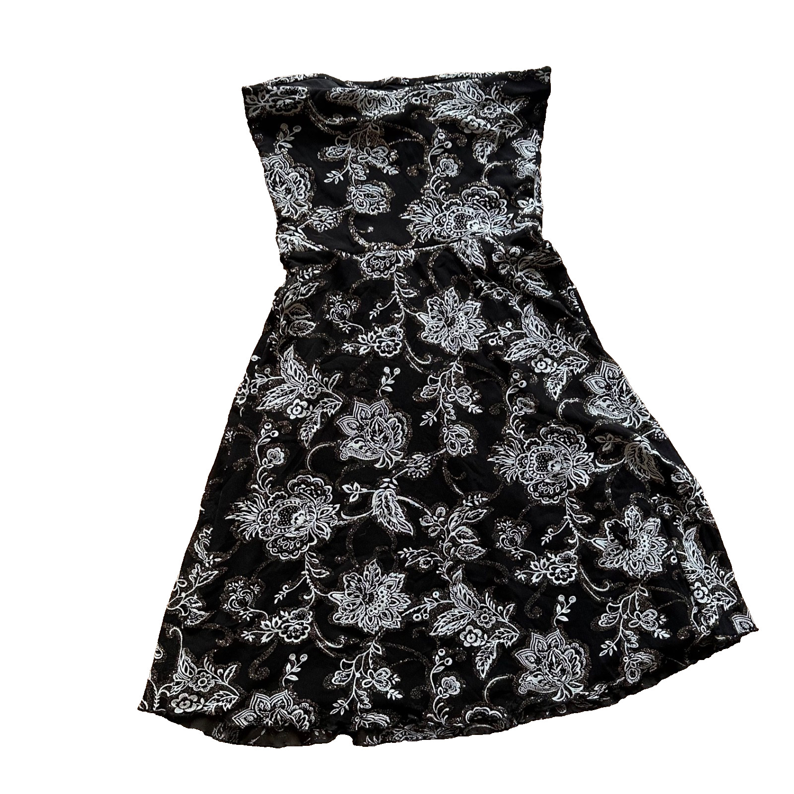 JANE NORMAN Black White Floral Strapless Party Dress Silver Glitter Y2K Size 12