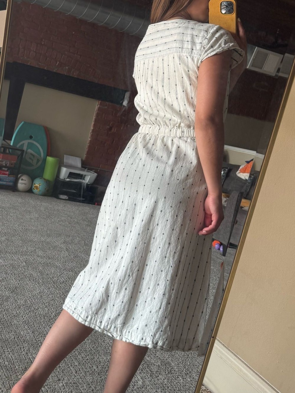 Casual Button-Front White Stripe Midi Dress with Tie Waist