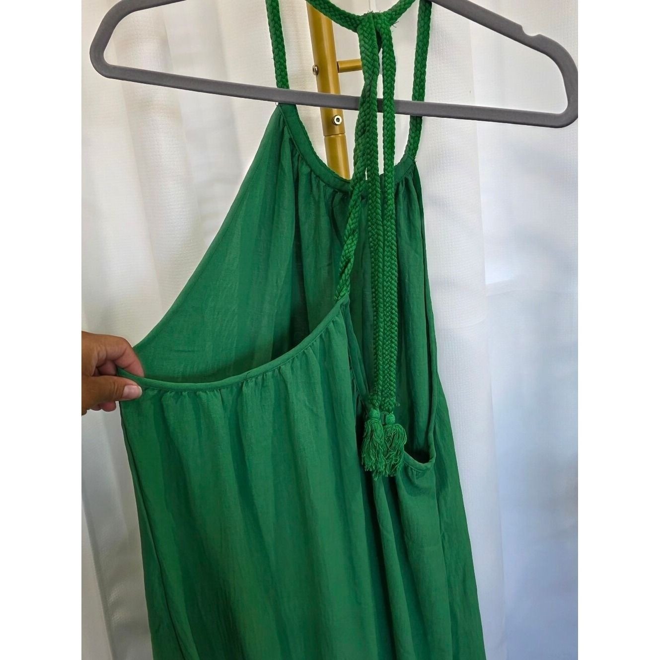 Green Halter Maxi Dress, Tiered Hem, Braided Details, Beachy/Vacation Style